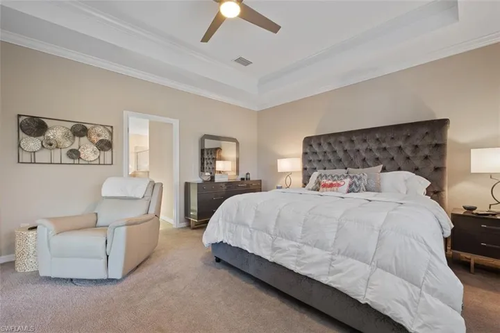 Bedroom with light carpet, ceiling fan, crown molding, and a raised ceiling