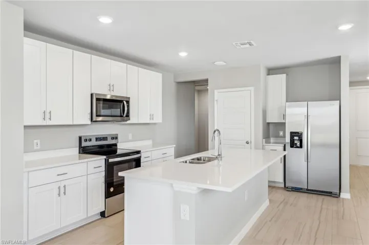 Kitchen with appliances with stainless steel finishes, sink, a center island with sink, and white cabinets