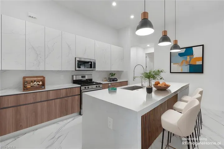 Kitchen featuring decorative light fixtures, a center island with sink, a breakfast bar, sink, and stainless steel appliances