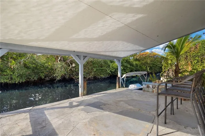 View of patio featuring a boat dock and a water view