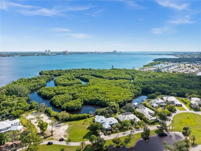 Aerial perspective of suburban area featuring a large body of water