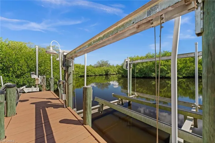 Dock with boat lift and a water view