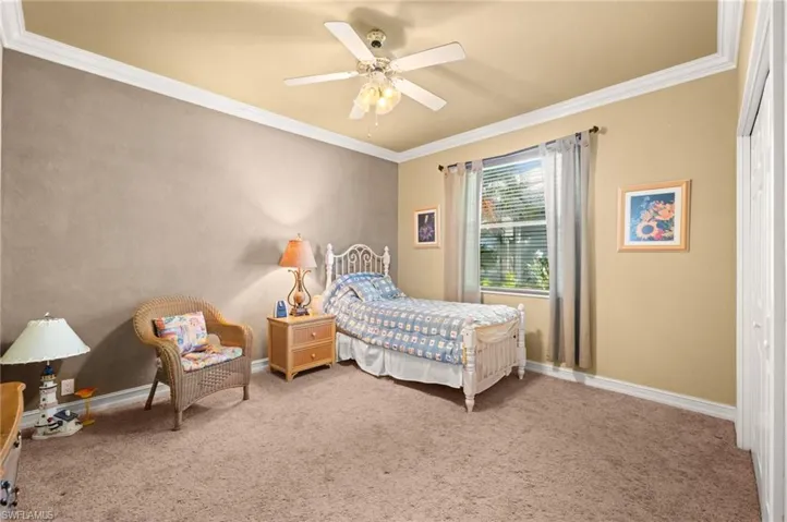 Carpeted bedroom featuring ornamental molding, ceiling fan, and a closet