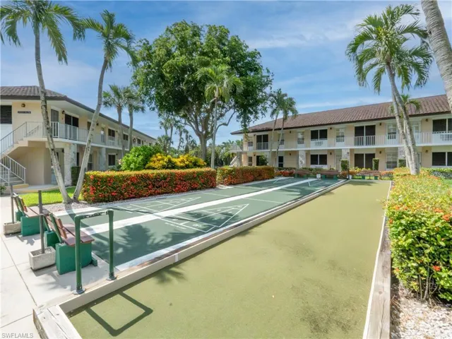 Community shuffleboard court framed by tropical landscaping and mature palm trees