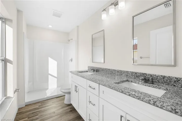 Bathroom with double vanity, a shower stall, light wood finished floors, and plenty of natural light