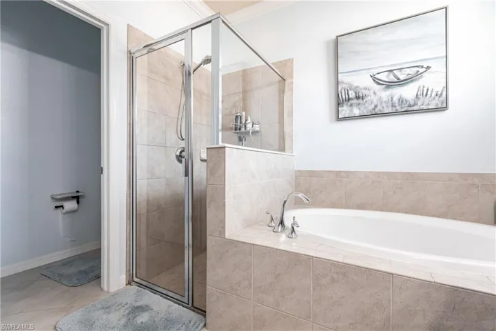 Bathroom featuring tile floors, separate shower and tub, and crown molding