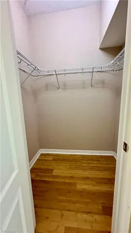 Walk in closet with light wood-style flooring