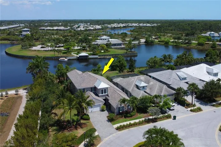 This aerial view shows this waterfront home's location at the end of the cul-de-sac.