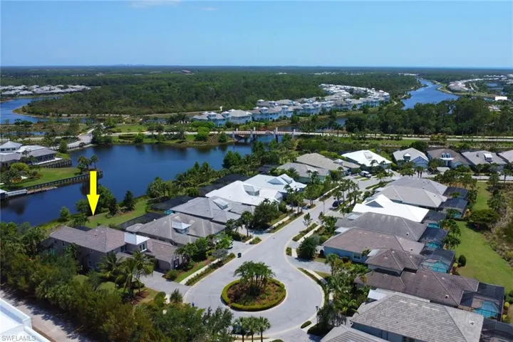 This aerial view of the house shows the home's location at the end of the cul-de-sac enhancing privacy.
