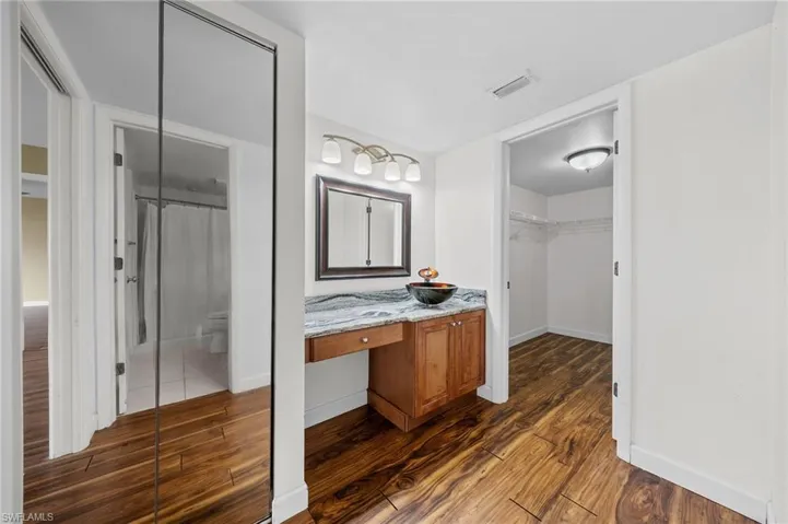 Bathroom with vanity, dark wood-style floors, a shower with shower curtain, and a spacious closet