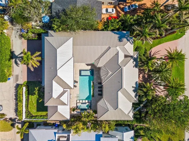 Overhead drone of sun drenched pool
