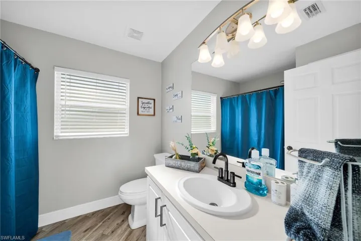 Bathroom featuring wood finished floors, vanity, toilet, baseboards, and a chandelier