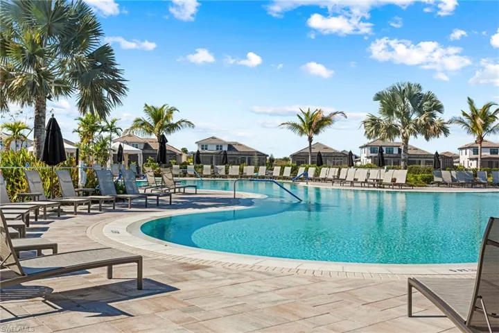 Community pool with a patio and a residential view