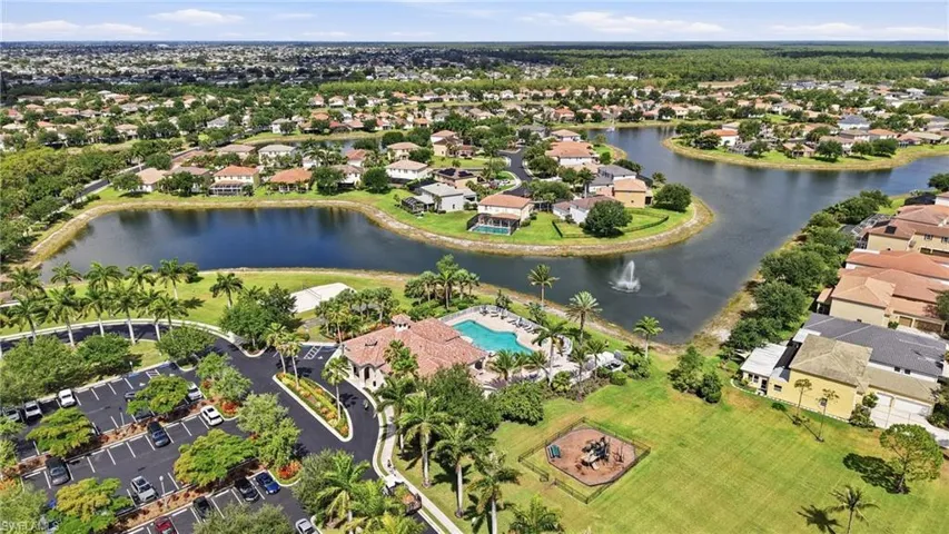 Aerial perspective showcasing a residential community with water features