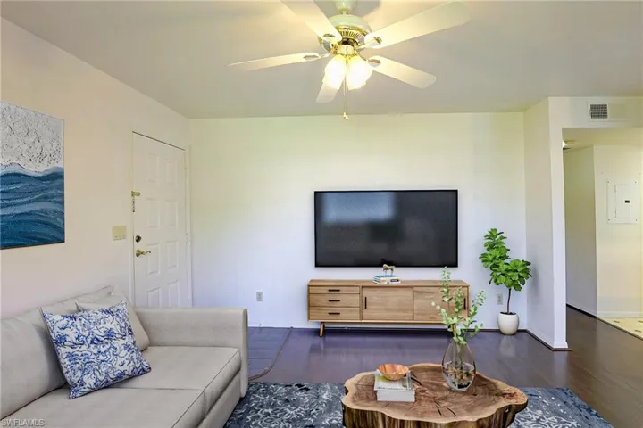 Living Room with front door. Staged Photo
