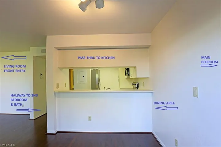 DINING AREA --- PASS-THRU TO KITCHEN -- HALLWAY TO 2ND BEDROOM & BATHROOM