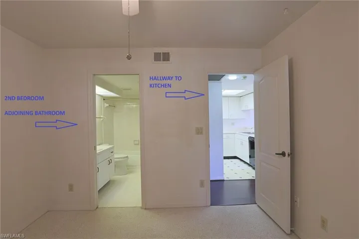 2ND BEDROOM --- ADJOINING BATHROOM ---HALLWAY TO KITCHEN