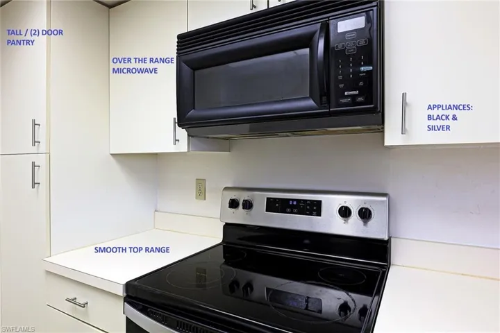 KITCHEN WITH BLACK AND STAINLESS APPLIANCES --- SMOOTH TOP RANGE --- OVER THE STOVE MICROWAVE -- TALL PANTRY