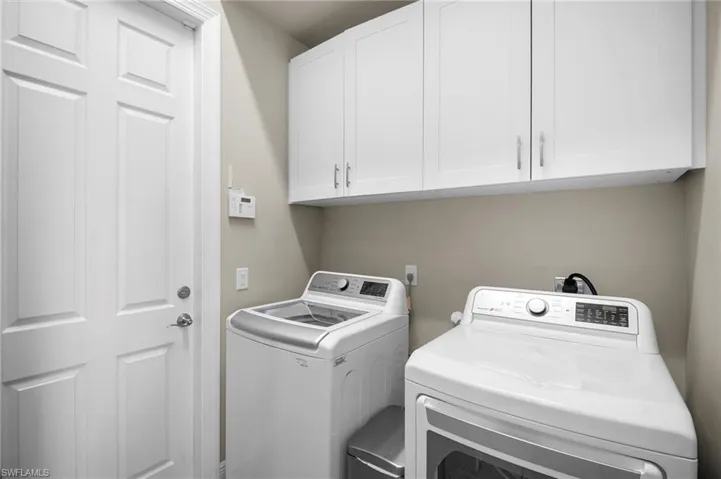 Laundry area with independent washer and dryer and cabinet space