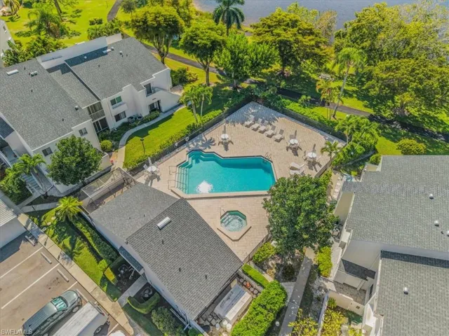 Drone / aerial view of a pool area