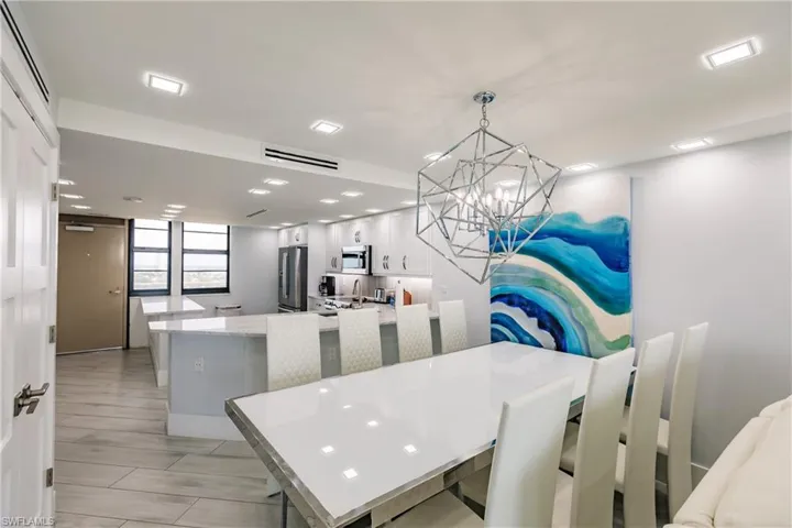Dining space with hanging lights