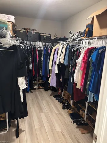 Walk in closet with light wood-style flooring