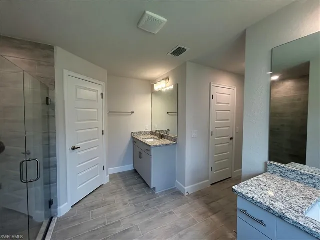 Bathroom Featuring Vanity, a Walk In Shower, and Wood Look Ceramic Tiled Floors