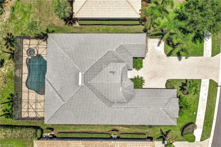 View of roof line and pool area from aerial view
