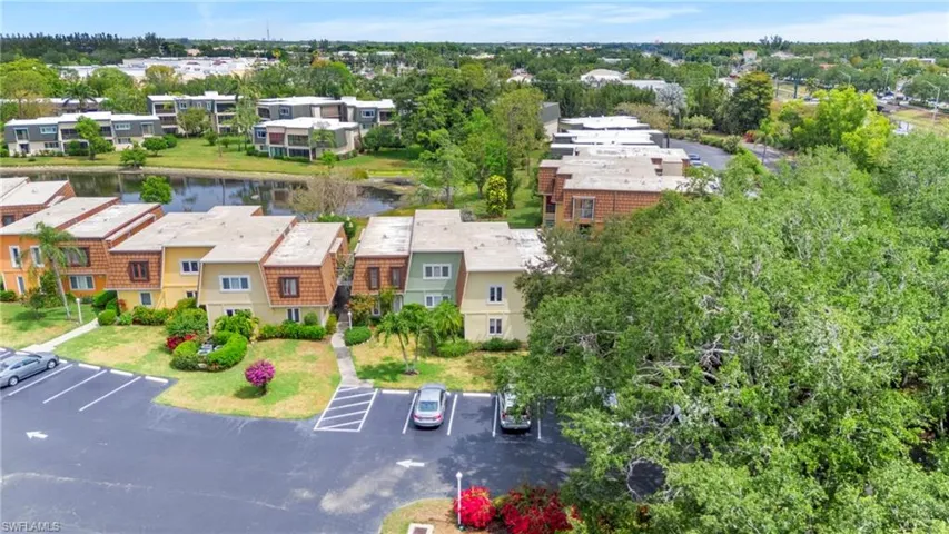 Aerial view of residential area with a large body of water