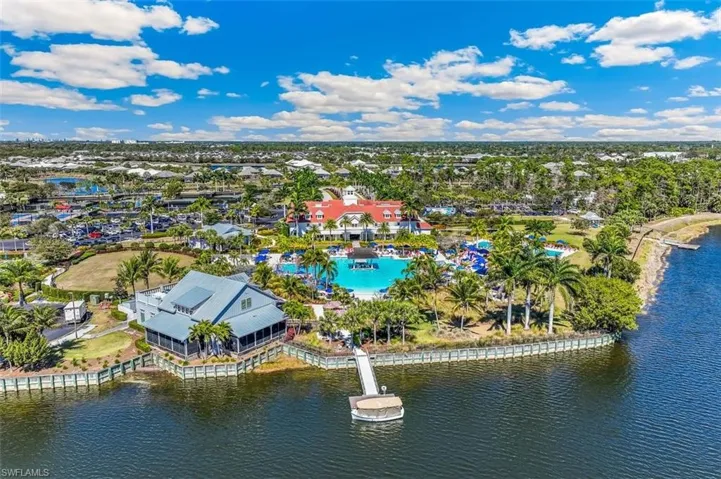 Aerial view of a large body of water and a pool area
