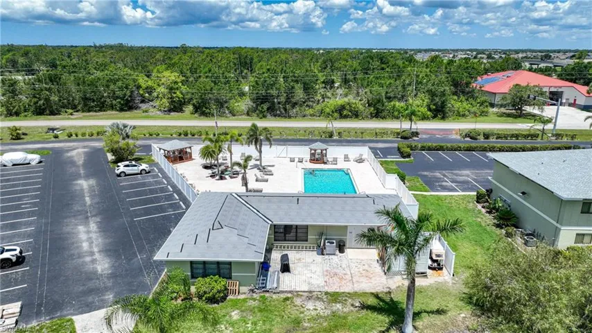 Drone / aerial view of a pool area