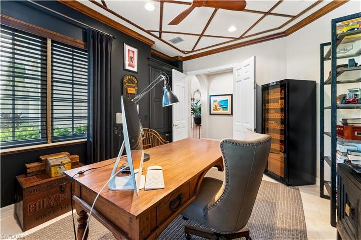 Marble Flooring, Custom Coffered Wood Ceiling, Built In Cabinets.