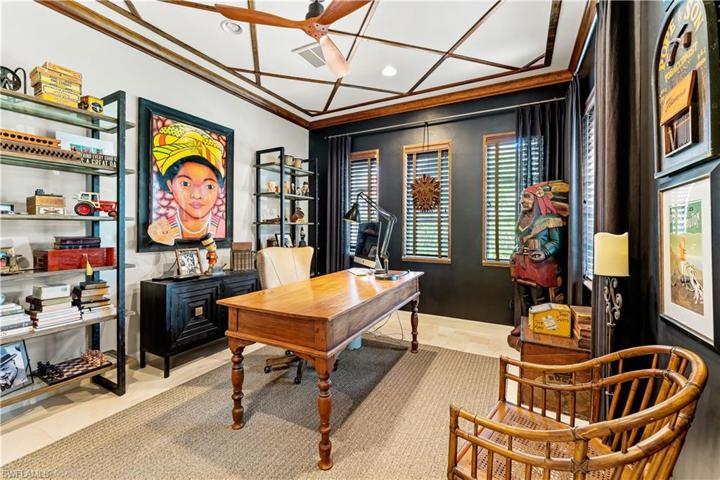 Marble Flooring, Custom Coffered Wood Ceiling, Built In Cabinets.