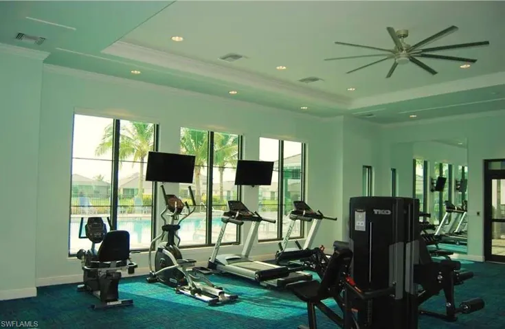 Exercise room with crown molding, a tray ceiling, ceiling fan, and dark carpet