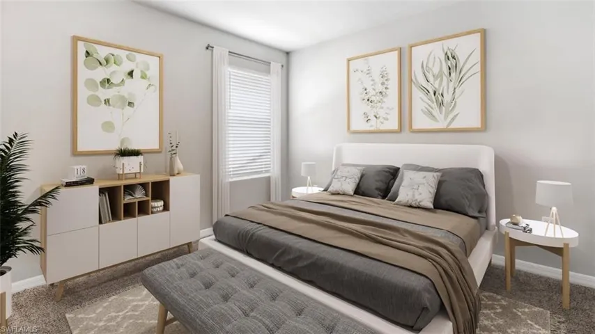 This image is virtually staged. Carpeted bedroom featuring baseboards