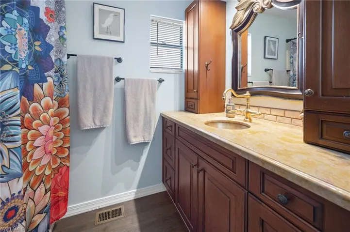 Full bathroom featuring vanity, wood finished floors, and curtained shower