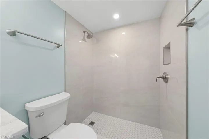 Bathroom featuring a toilet, a walk-in shower with a recessed niche, and a shower head