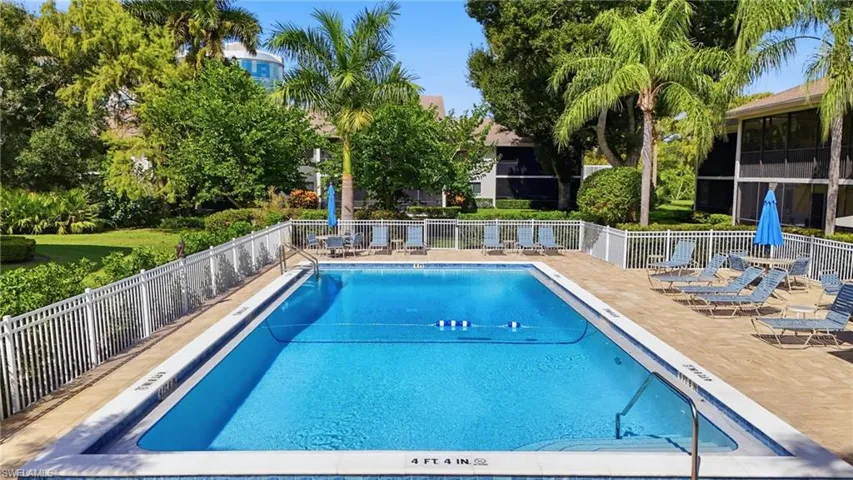 Rectangular swimming pool featuring a tile border, metal perimeter fencing, and a surrounding paved deck with mature palm trees