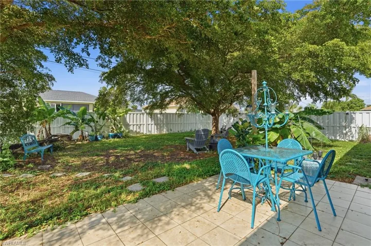 Fenced backyard with a patio and outdoor dining area