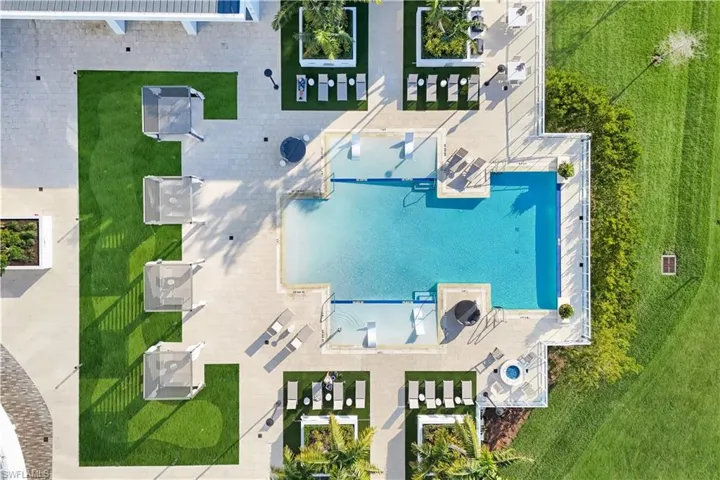 Overhead view of the pool and deck.