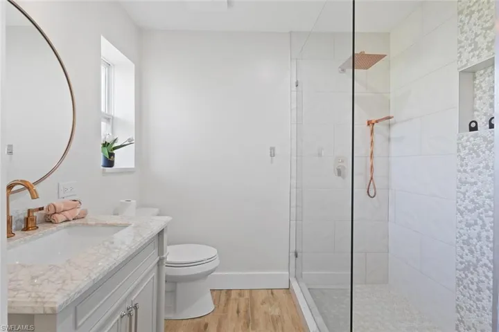 Bathroom with wood finished floors, a walk in shower, and vanity