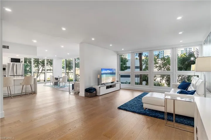Living room featuring expansive windows, light wood finished floors, and recessed lighting