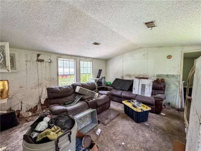 Living area featuring vaulted ceiling and a textured ceiling