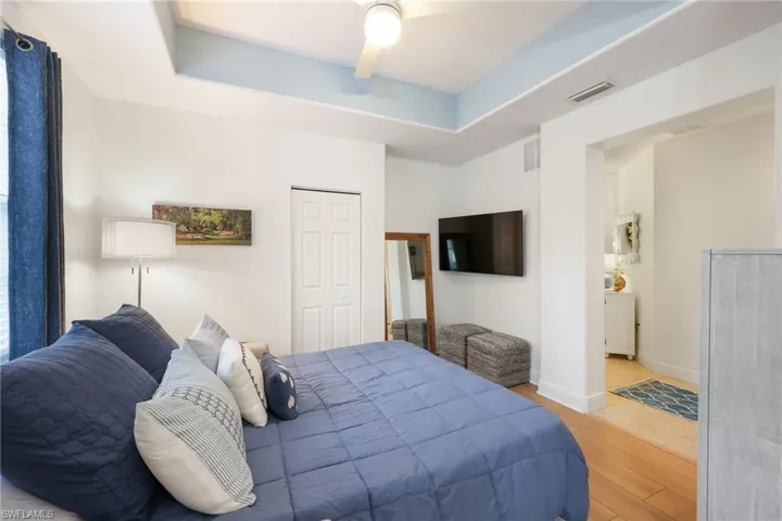 Den/Bedroom with ceiling fan, a closet, a raised ceiling, and light hardwood / wood-style flooring