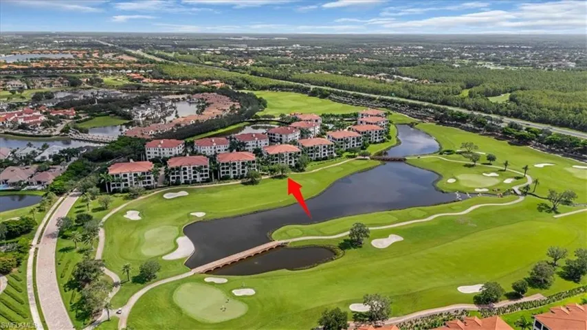 Aerial view of a large body of water and a golf club