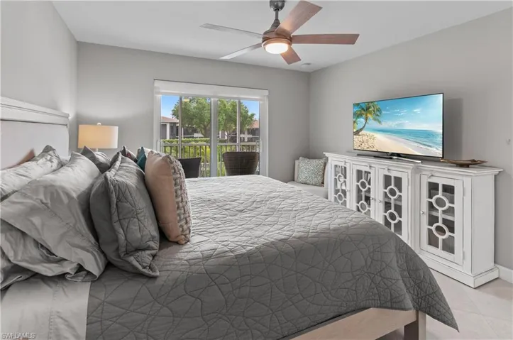 Bedroom with a ceiling fan and access to exterior