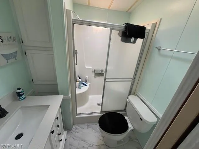 Bathroom featuring vanity, a shower with shower door, and toilet