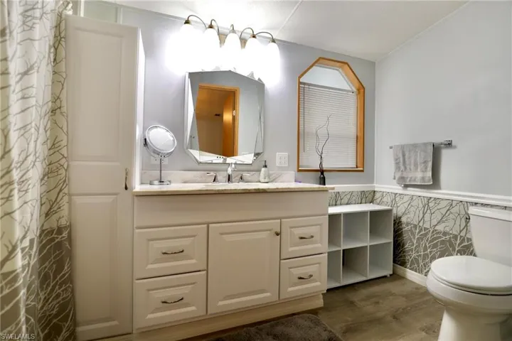 Bathroom featuring vanity, hardwood / wood-style floors, and toilet