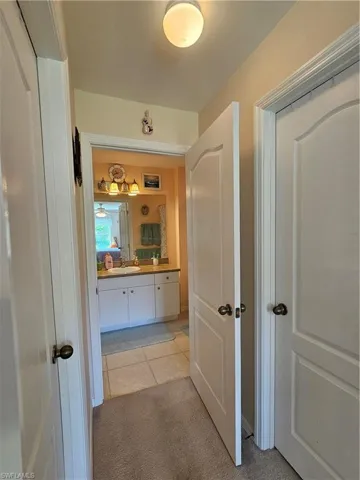 Hallway featuring light carpet and sink
