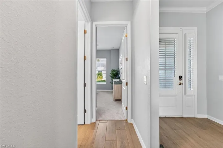 Foyer entrance with light wood-style flooring and a textured wall